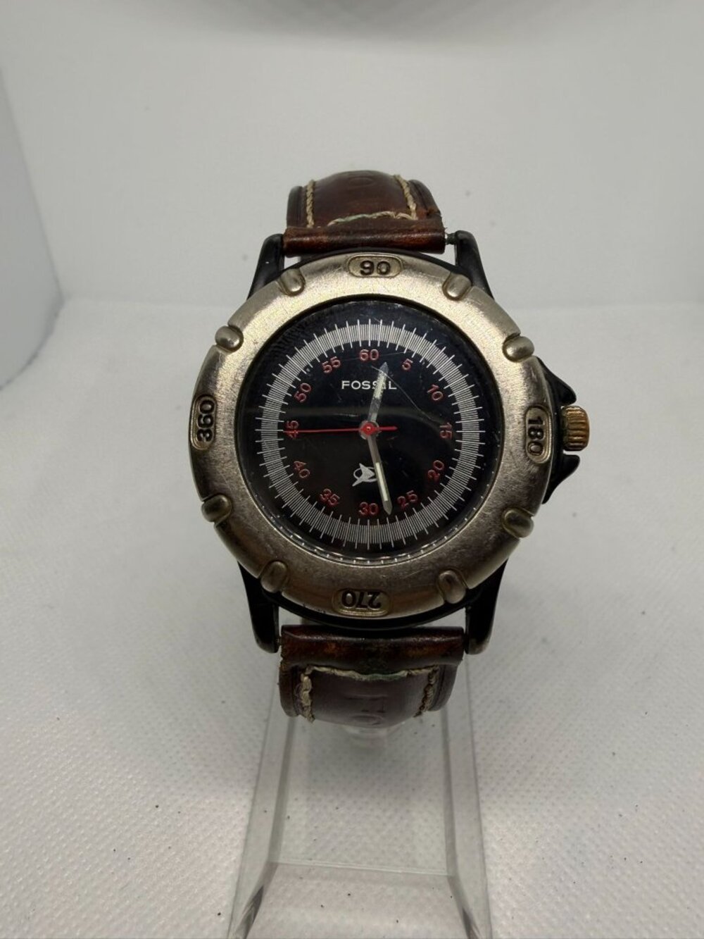 Vintage Fossil FS9883 Mens Brown Leather Watch Black Dial Aged Silver Tone
